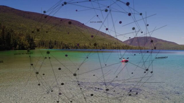 Kayaker paddling across clear blue lake while digital network overlay appearing to show route data