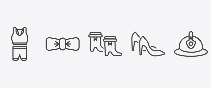fashion and things icon set with accessory, boot for women, heel, firefighter hat signs in flat outline style