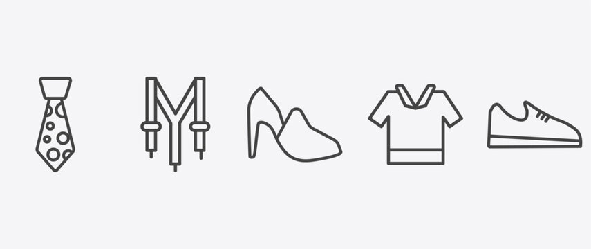 fashion and things icon set with suspenders, hell, safety shirt, shoe side view signs in flat outline style