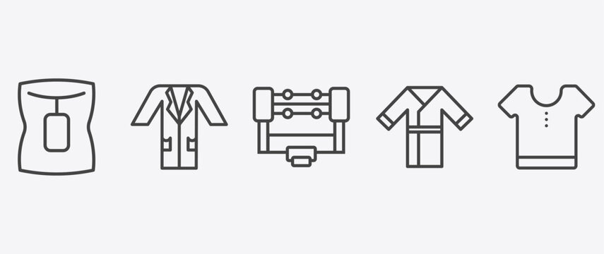 fashion and things icon set with lab coat, boxing ring, kimono, cloth signs in flat outline style