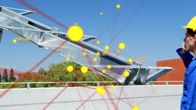 Pulsing yellow nodes red lines overlay urging solar tech gripping bracket adjusting mount on panels
