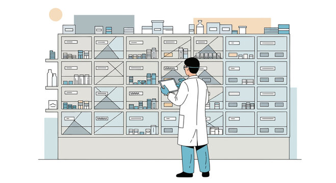 Pharmacist with Lab Coat Organizes Medications in Pharmacy Storage Shelves