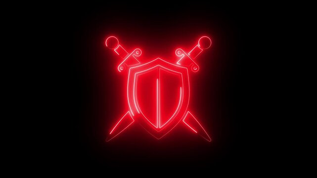 Glowing red neon shield and crossed swords animation on black background, emblem