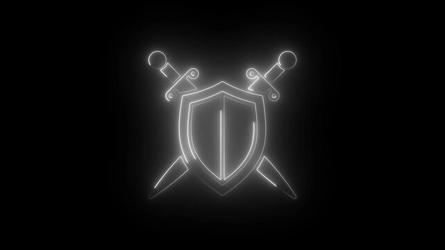 Glowing neon shield and crossed swords animation on black background, for fantasy gaming, and security concepts