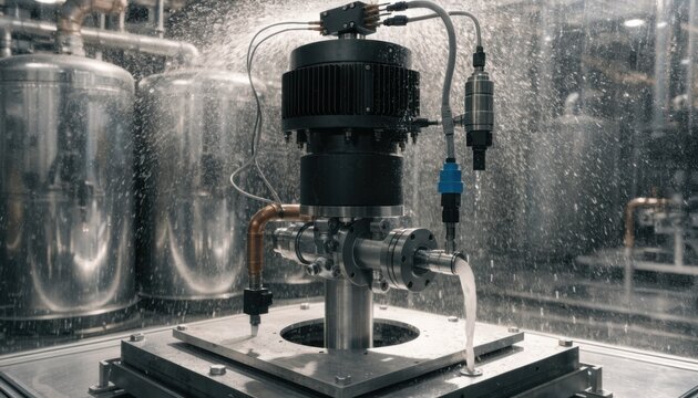 Medium shot of an endurance test setup for automated pump quality control monitoring continuous operation for noise vibration and leak detection in an enclosed station.