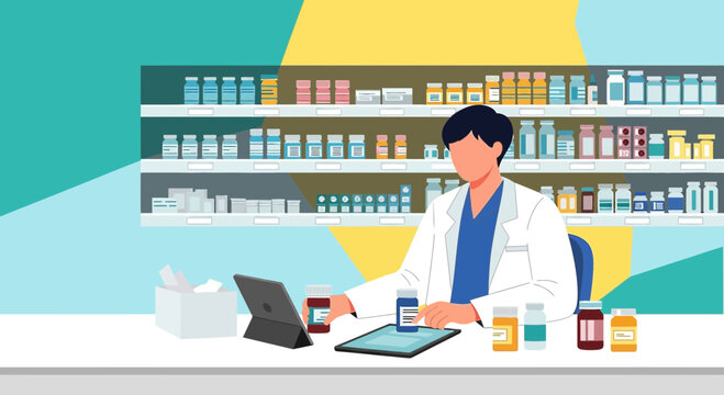Pharmacist working at counter with tablet and medications in modern pharmacy