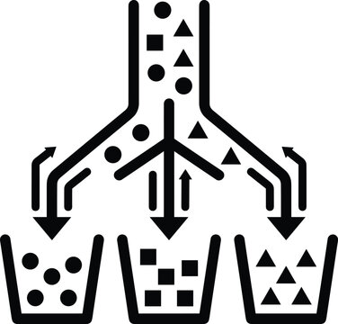 A diagram shows geometric shapes being sorted into separate containers as a visual representation of data classification and process organization