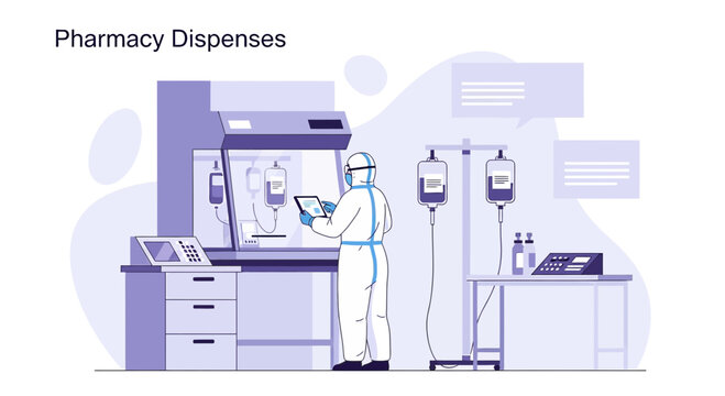 Pharmacy Dispensing: Technician in Hazmat Suit Prepares IV Bags in Sterile Lab