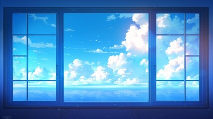 Fototapeta premium 開いた窓から見える広大な夏空、爽やかな風を感じる青空と白い雲の背景素材、広告・バナー向け