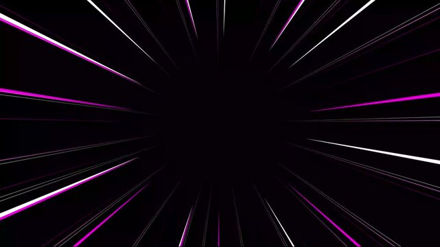 Magenta and white anime comic speed lines with radial, horizontal and vertical motion styles, dynamic action effect animation for intense scenes and seamless on black background.4k