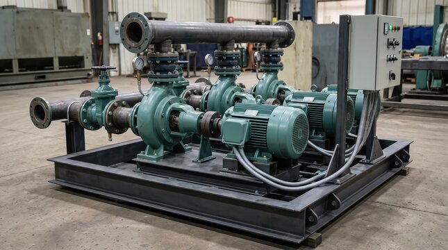 Medium shot of a triplex municipal water pump station assembly on a sturdy baseplate focusing on the robust design and readytoinstall configuration for largescale water management