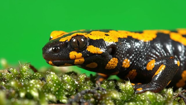 Close-Up Of A Yellow And Black Spotted Salamander Resting On Green Moss With Bright Green Background Showing Intricate Details And Textures
