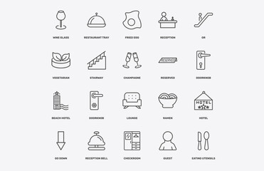 Fototapeta premium hotel and restaurant icon set with wine glass, restaurant tray, fried egg, beach hotel signs in flat outline style