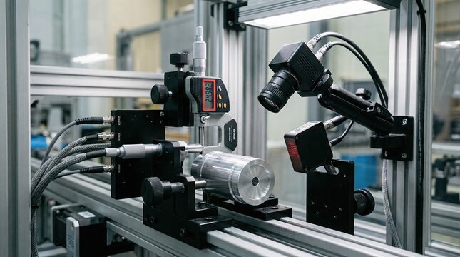 Close view of defect monitoring system with precision gauges and digital cameras examining finished product dimensions and surface texture.