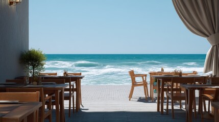 Fototapeta premium Serene Beachfront Dining with Wooden Tables and Ocean Views under Clear Blue Sky