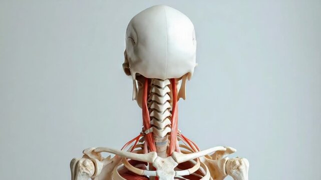 Detailed human skull and neck anatomy model with highlighted muscles