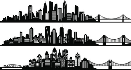 Obraz premium City skyline silhouettes collection featuring urban buildings and bridges isolated on clean background for architecture and travel design