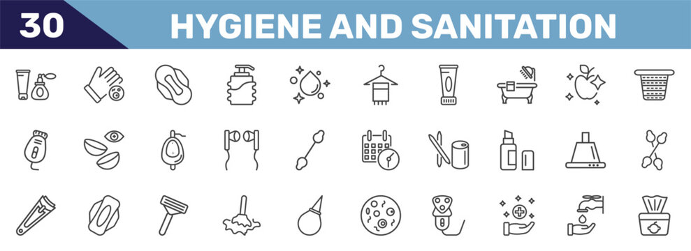 hygiene and sanitation icon set with cosmetics, drying hands, sanitary napkin, baby wipe signs in flat outline style