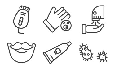 Fototapeta premium hygiene and sanitation icon set with epilator, drying hands, beardy, parasite signs in flat outline style