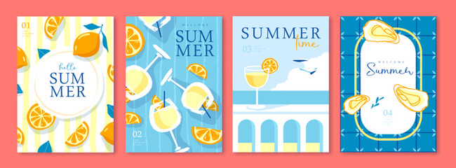 Set of summer Italian posters or covers with oysters, cocktails, lemonade, lemons, seagulls and beach landscape. Vector illustration