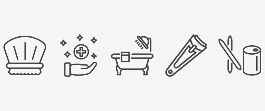 hygiene and sanitation icon set with sanitary, bathroom, nail clippers, toothpick signs in flat outline style