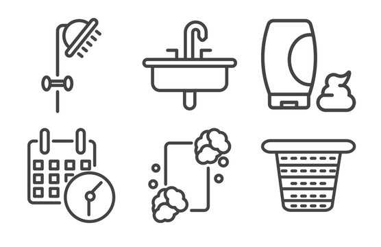 hygiene and sanitation icon set with douche, washbasin, appointment book, laundry basket signs in flat outline style