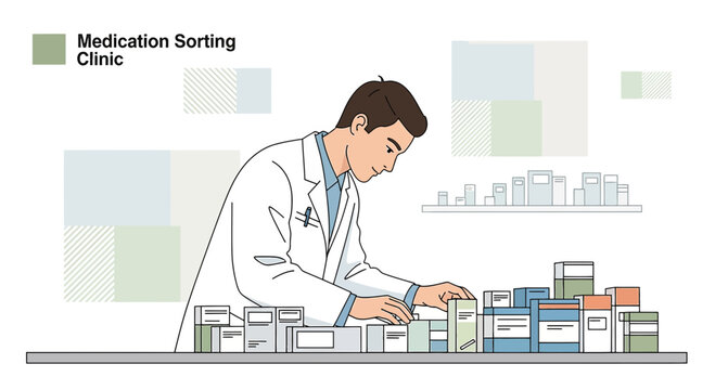 Pharmacist sorting medications at clinic, healthcare concept