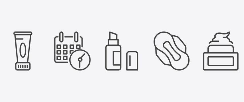 hygiene and sanitation icon set with appointment book, lip balm, sanitary napkin, face cream signs in flat outline style