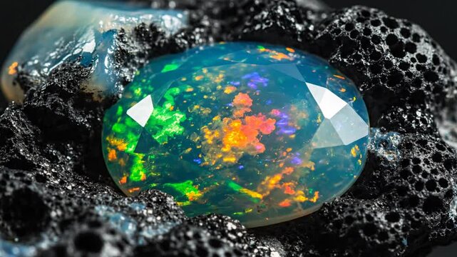Faceted blue opal gemstone embedded in black volcanic rock