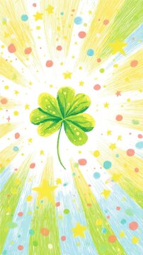Four leaf clover with colorful stars and dots background for luck, fortune, good omen and positive energy concept in bright artistic style.