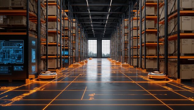 Automated warehouse with robots and glowing lines