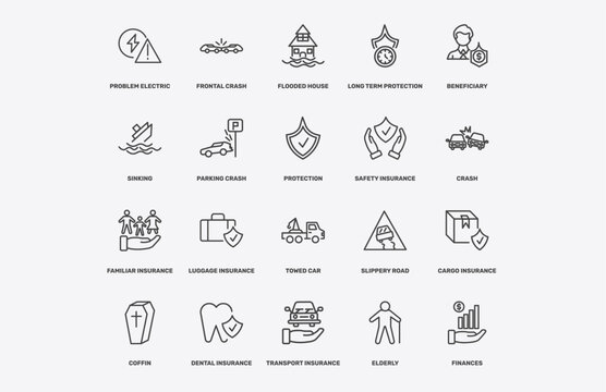 insurance and coverage icon set with problem electric, frontal crash, flooded house, familiar insurance signs in flat outline style
