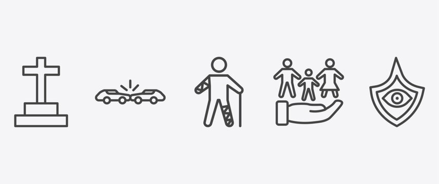 insurance and coverage icon set with frontal crash, wounded, familiar insurance, vision insurance signs in flat outline style