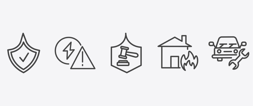 insurance and coverage icon set with problem electric, legal expenses, fire insurance, vehicle repair signs in flat outline style
