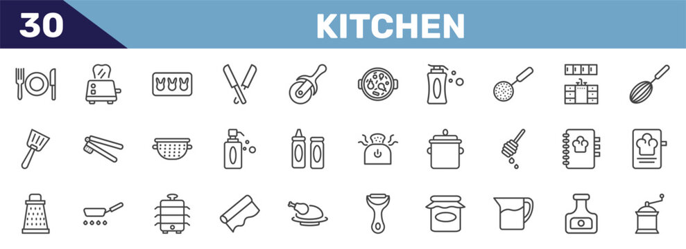 kitchen icon set with dinner, toaster, molded, coffee grinder signs in flat outline style