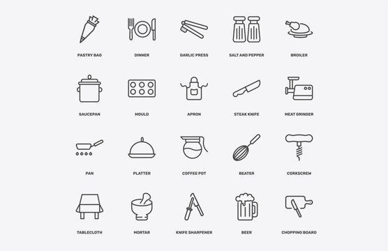 kitchen icon set with pastry bag, dinner, garlic press, pan signs in flat outline style
