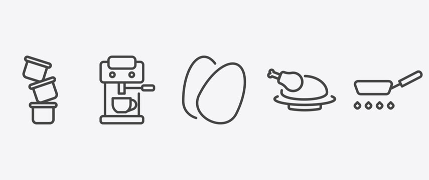 kitchen icon set with coffee hine, eggs, broiler, pan signs in flat outline style