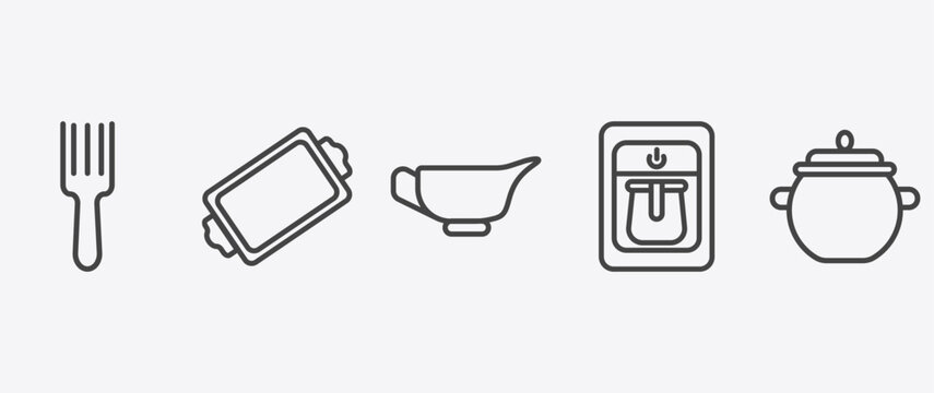 kitchen icon set with tray, saucer, coffee maker, pot signs in flat outline style
