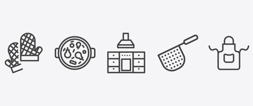 kitchen icon set with paella, kitchen, strainer, apron signs in flat outline style