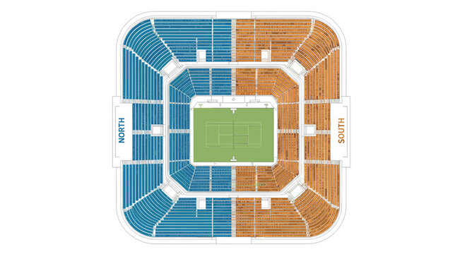 Top view of a tennis stadium seating chart with blue and orange sections