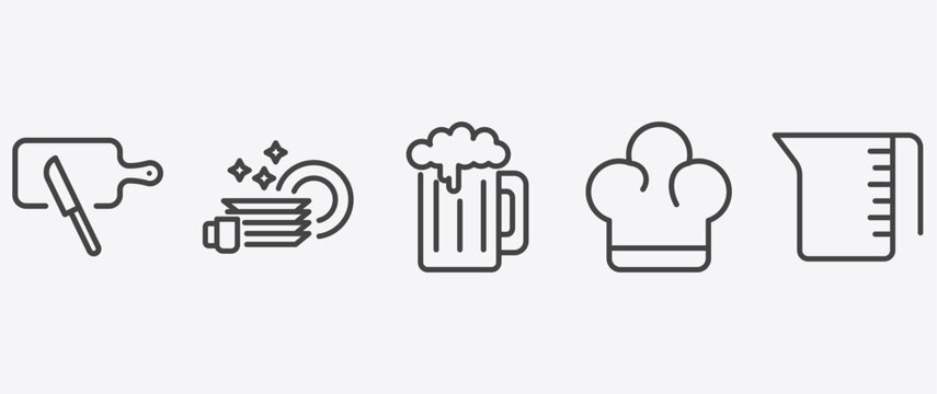 kitchen icon set with dishes, beer, chef hat, measuring cup signs in flat outline style