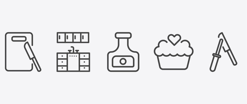 kitchen icon set with kitchen cabinet, ketchup, cupcake, knife sharpener signs in flat outline style