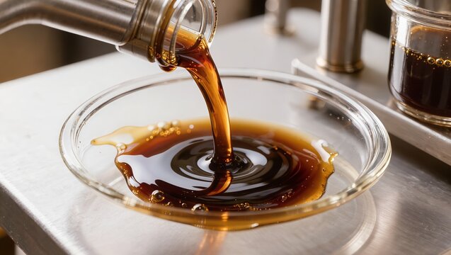 Soy sauce pouring into a glass bowl during the production and packaging process. Concept of liquid food seasoning, soy sauce manufacturing, bottling line, and organic condiments