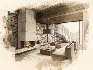 Obraz premium Living room interior with modern fireplace, stone wall, comfortable sofa and armchair, coffee table, large window with mountain view and wooden ceiling design.