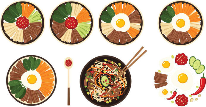Korean Bibimbap Bowl Set with Egg Vegetables Beef Chopsticks Top View Food Vector Collection