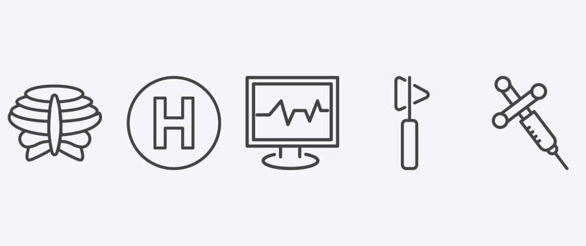 medical icon set with heliport, ecg, medical hammer tool, anesthesia signs in flat outline style
