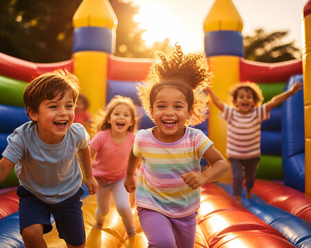 Happy Diverse Children Playing in Inflatable Bounce House Outdoor Summer Playground Fun