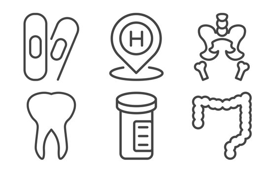 medical and healthcare icon set with bandage cross, hospital placeholder, teeth, colon signs in flat outline style
