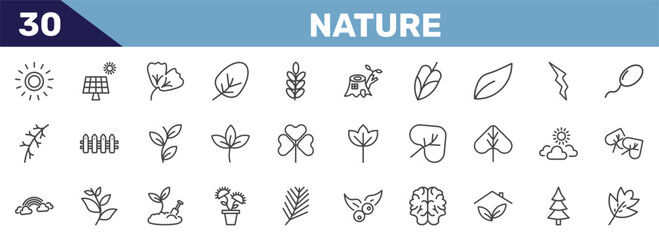 nature icon set with sol, solar, ginkgo, hawthorn leaf signs in flat outline style © Abstract
