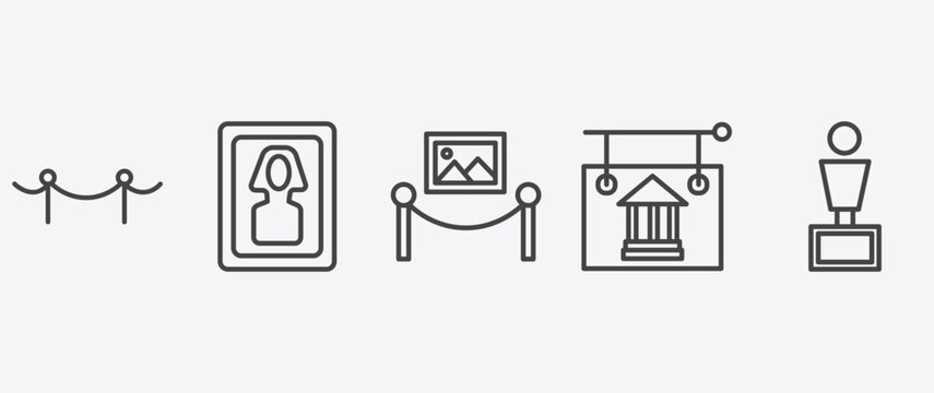 museum and exhibition icon set with el greco, painting, , bust signs in flat outline style